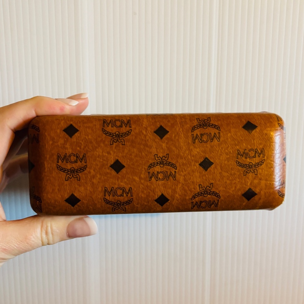 MCM Visetos Brown Logo Eyeglass Case Gold Plate Authentic - Picture 3 of 7